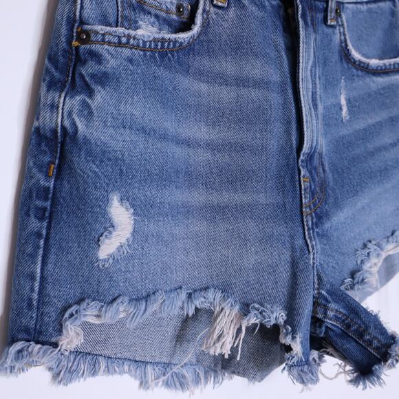 ZARA High Rise Distressed Shorts Classic Blue Denim Button Fly Casual Women's 2 - Picture 4 of 10